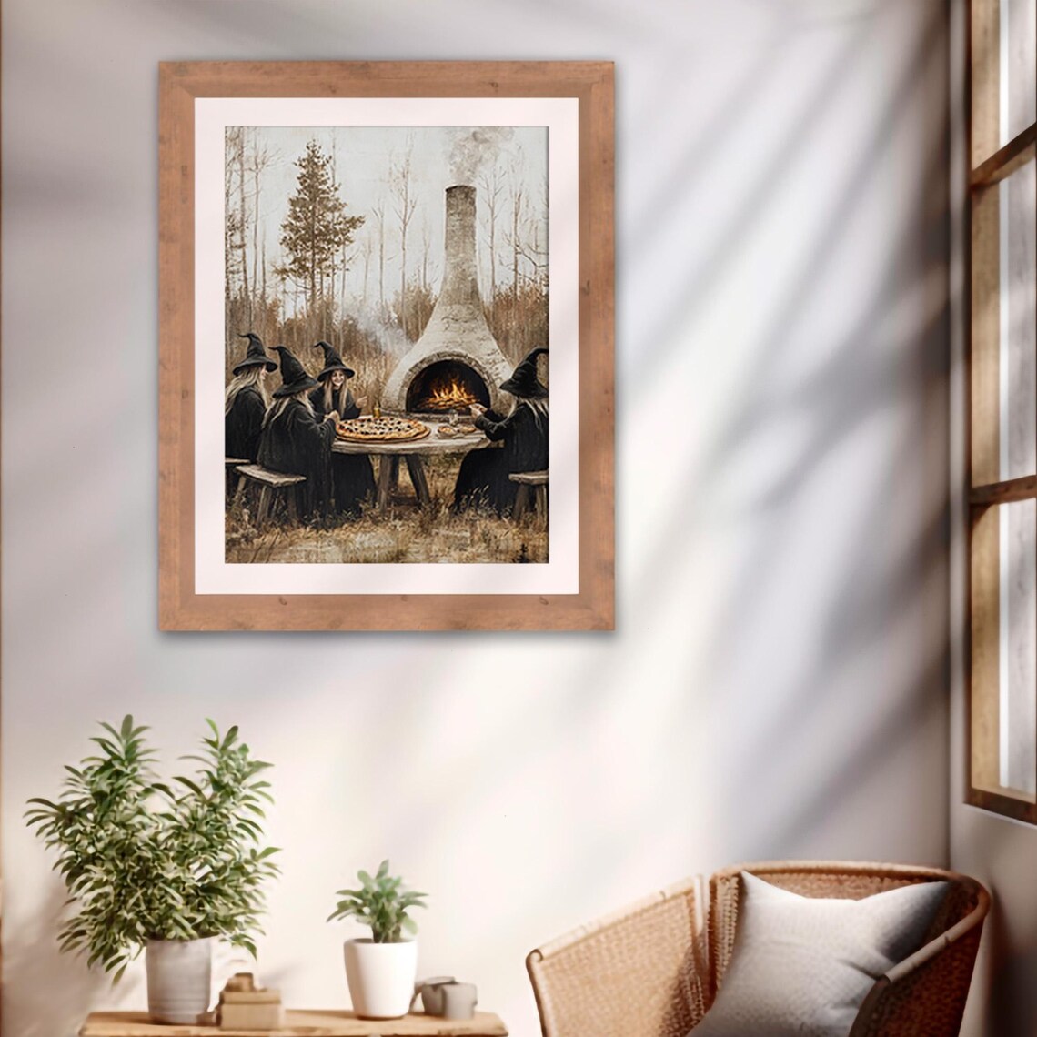 Witches Eating Pizza Outdoor Fireplace Halloween Cottagecore Art Poster - Image 2