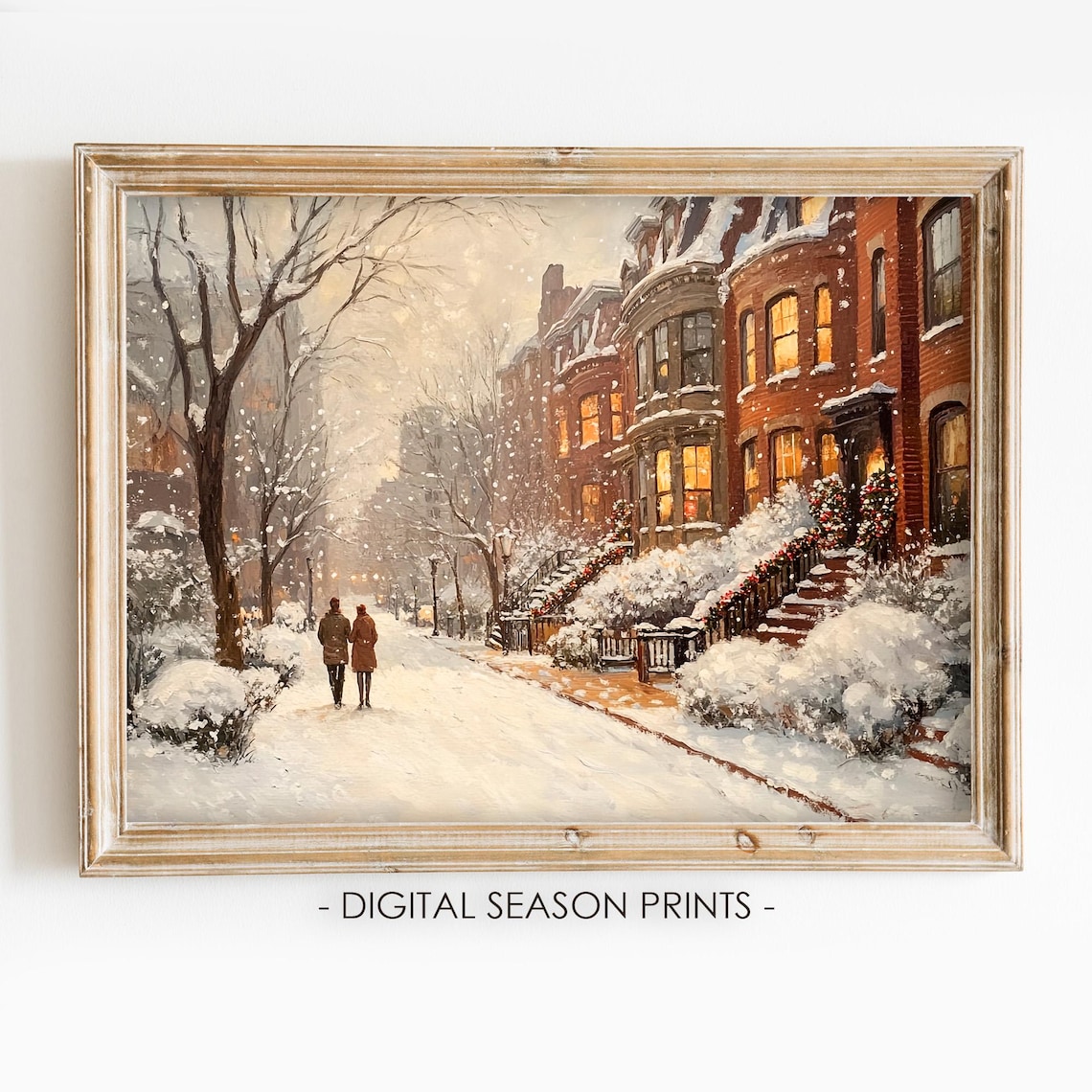 New York City Snowy Christmas Morning Street Brownstone Winter Print