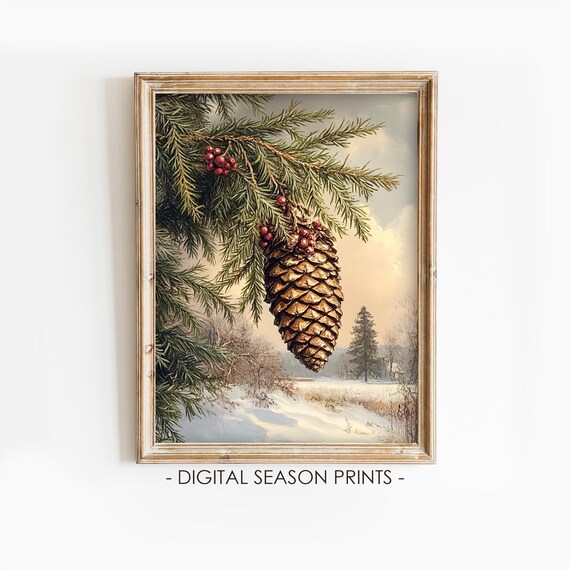 Vintage Pine Cone on Fir Branch Red Berries Snowy Winter Poster