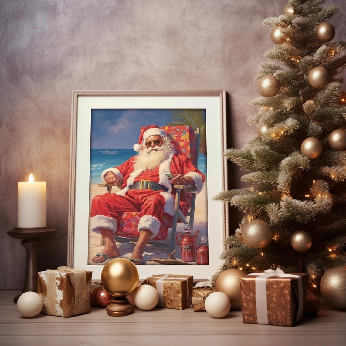 Santa Relaxing on Tropical Beach Chair Christmas Holiday Poster - Image 3