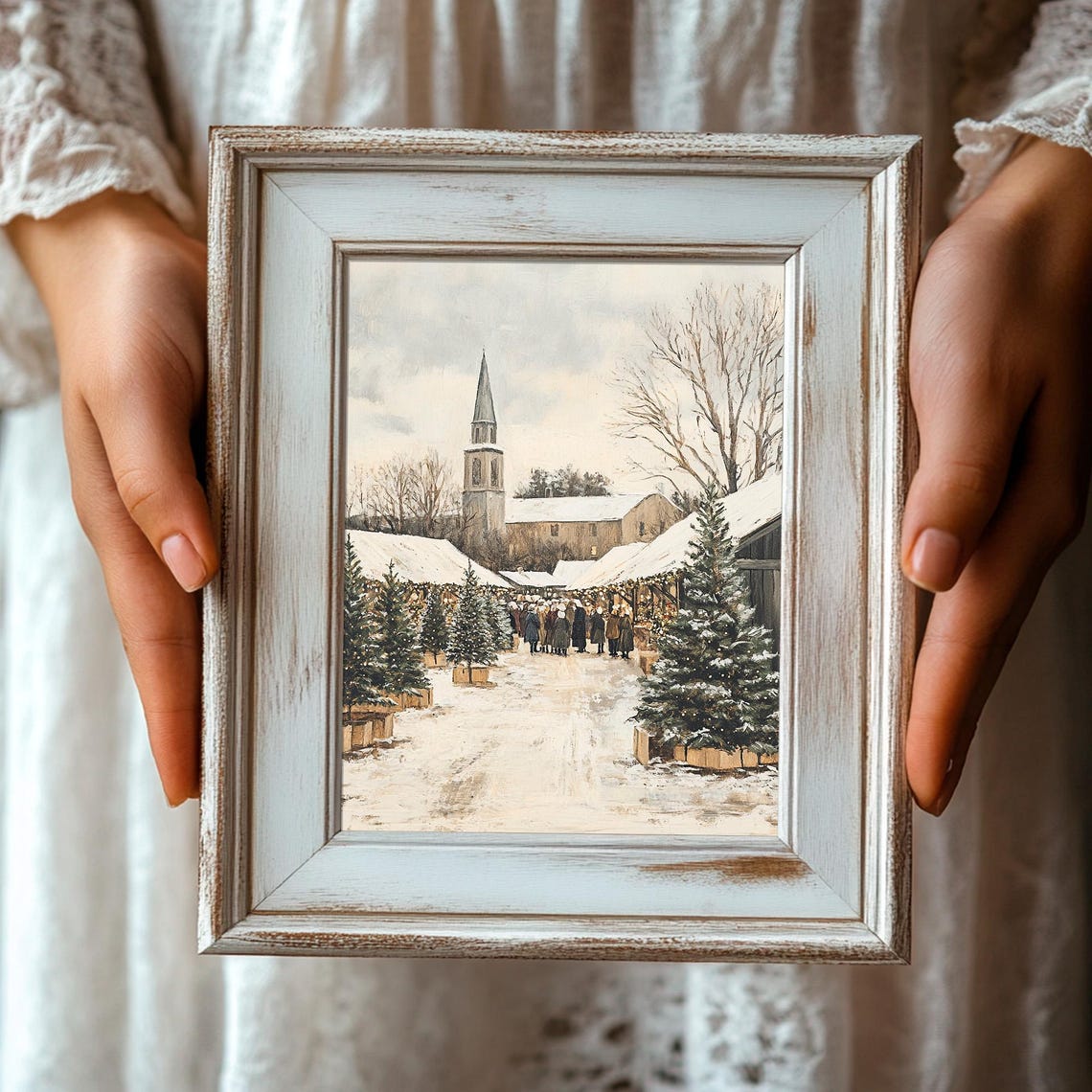 Snow Covered Christmas Tree Market Beside A Church Steeple Poster - Image 6