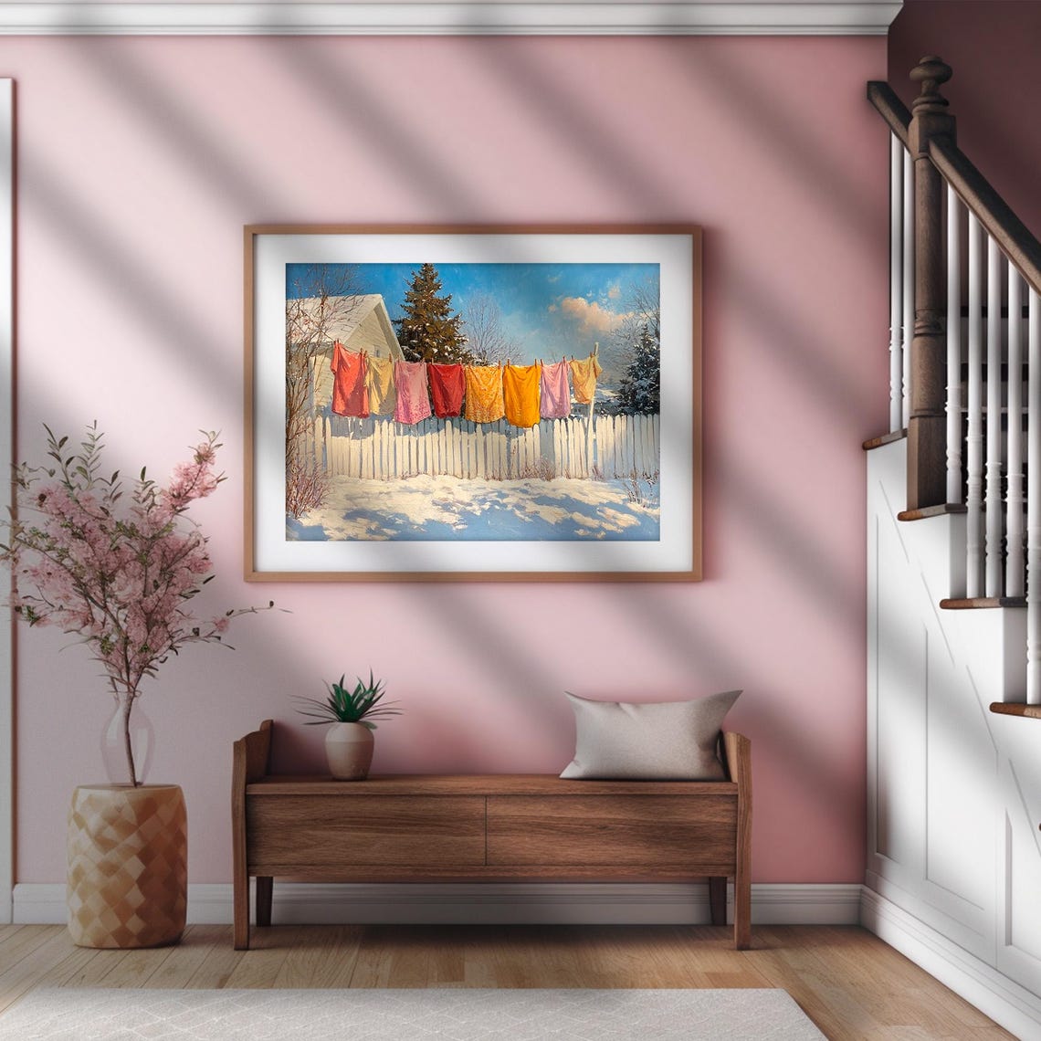 Colorful Laundry on Clothesline Snowy Winter Farmhouse Wall Art - Image 2