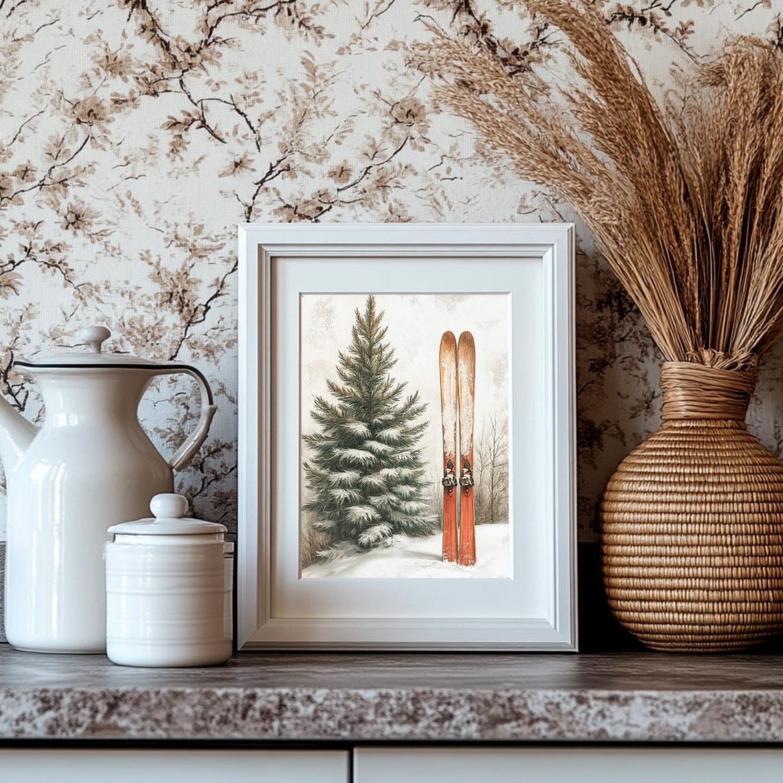 Red Vintage Skis Snowy Pine Classic Winter Ski Lodge Wall Art - Image 4