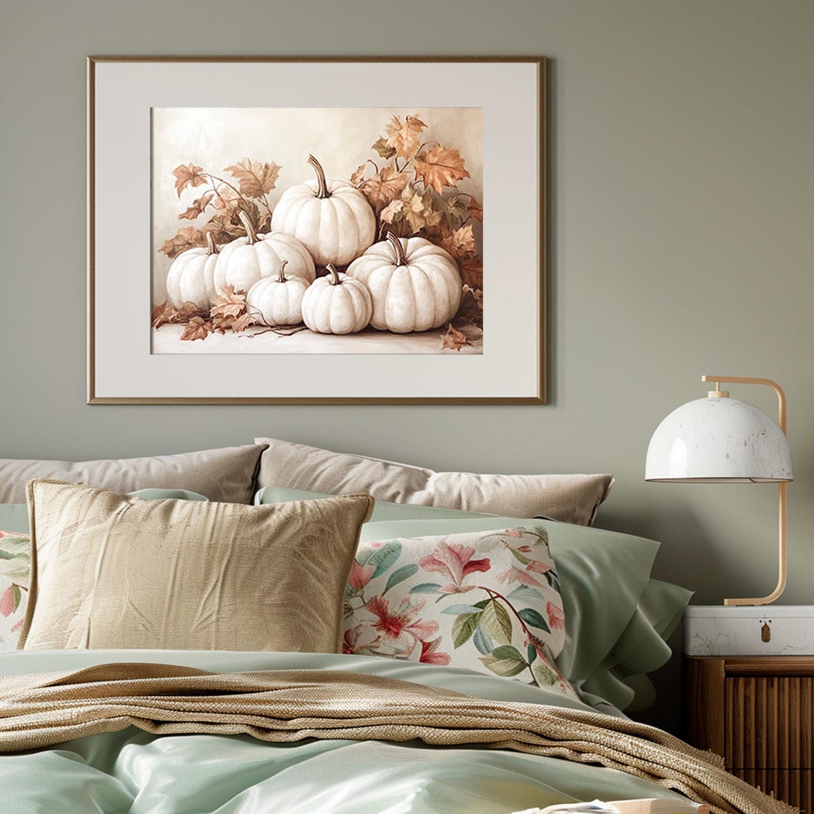 White Pumpkins with Autumn Leaves Rustic Fall Still Life Poster - Image 4