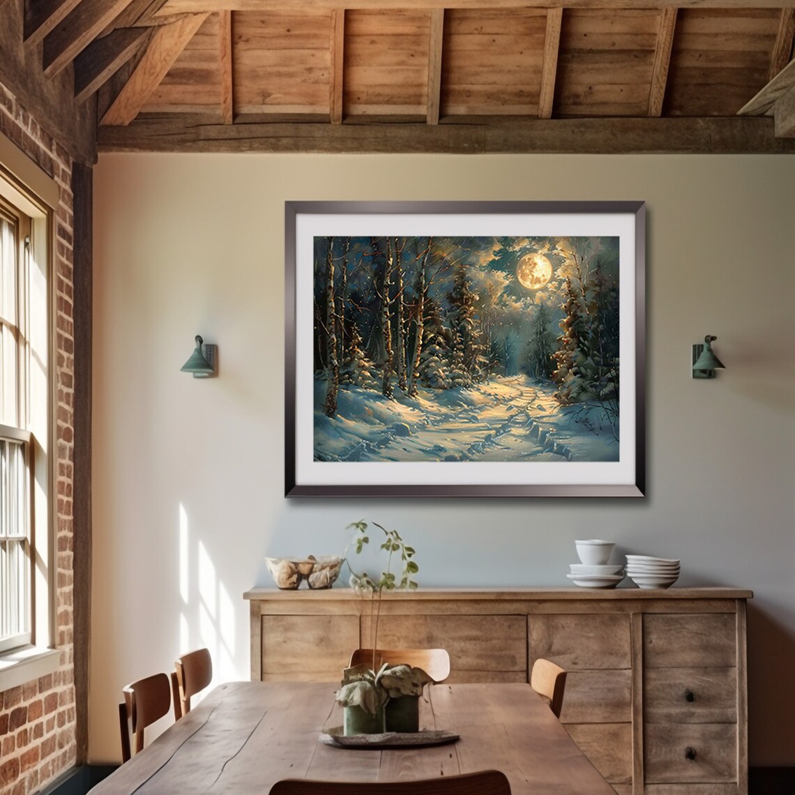 Glowing Full Moon Over A Snowy Winter Forest Trail Scene Poster - Image 6