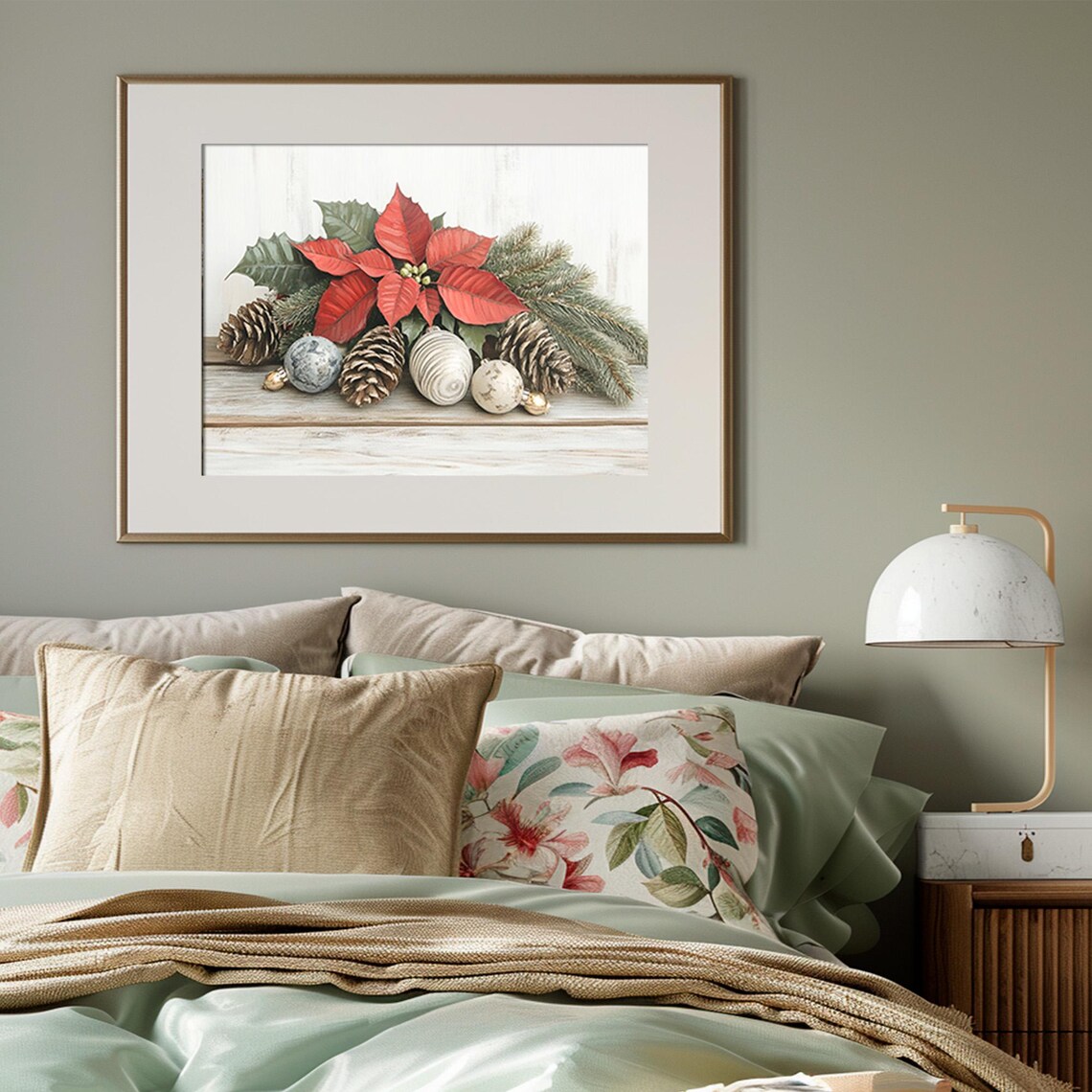 Red Poinsettia Christmas Floral Pinecones Vintage Holiday Poster - Image 3