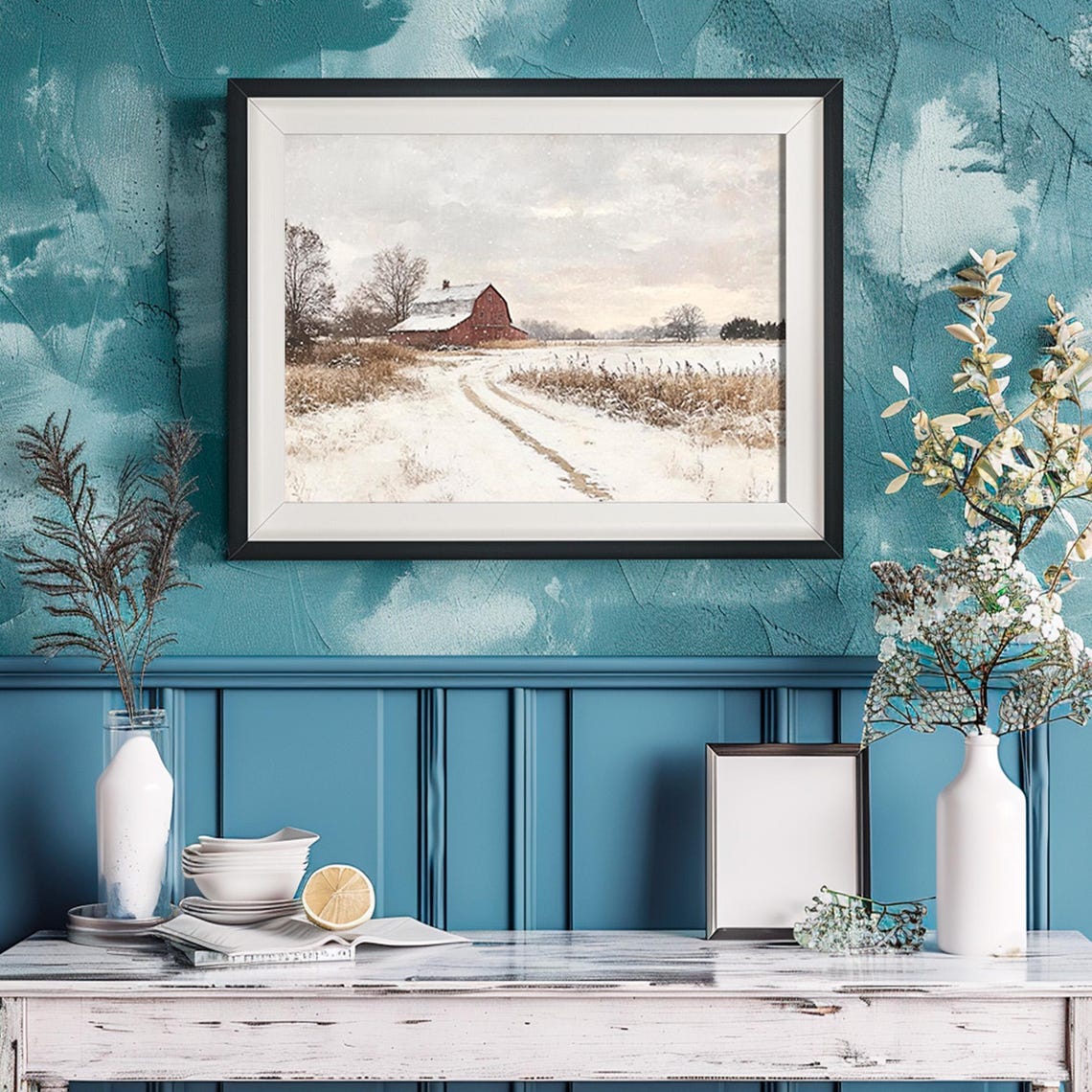 Winter Red Barn Snowy Field Farmhouse Countryside Landscape Poster - Image 2