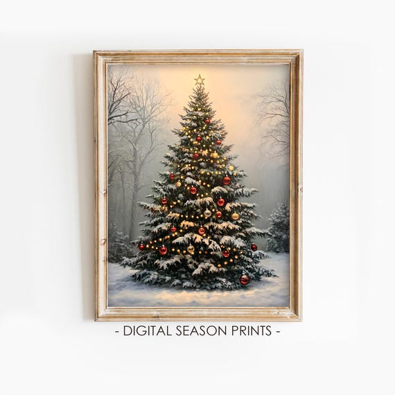 Vintage Christmas Tree Print Christmas Decor Wall Art Moody Natural Antique Holiday Winter Evergreen Tree Painting