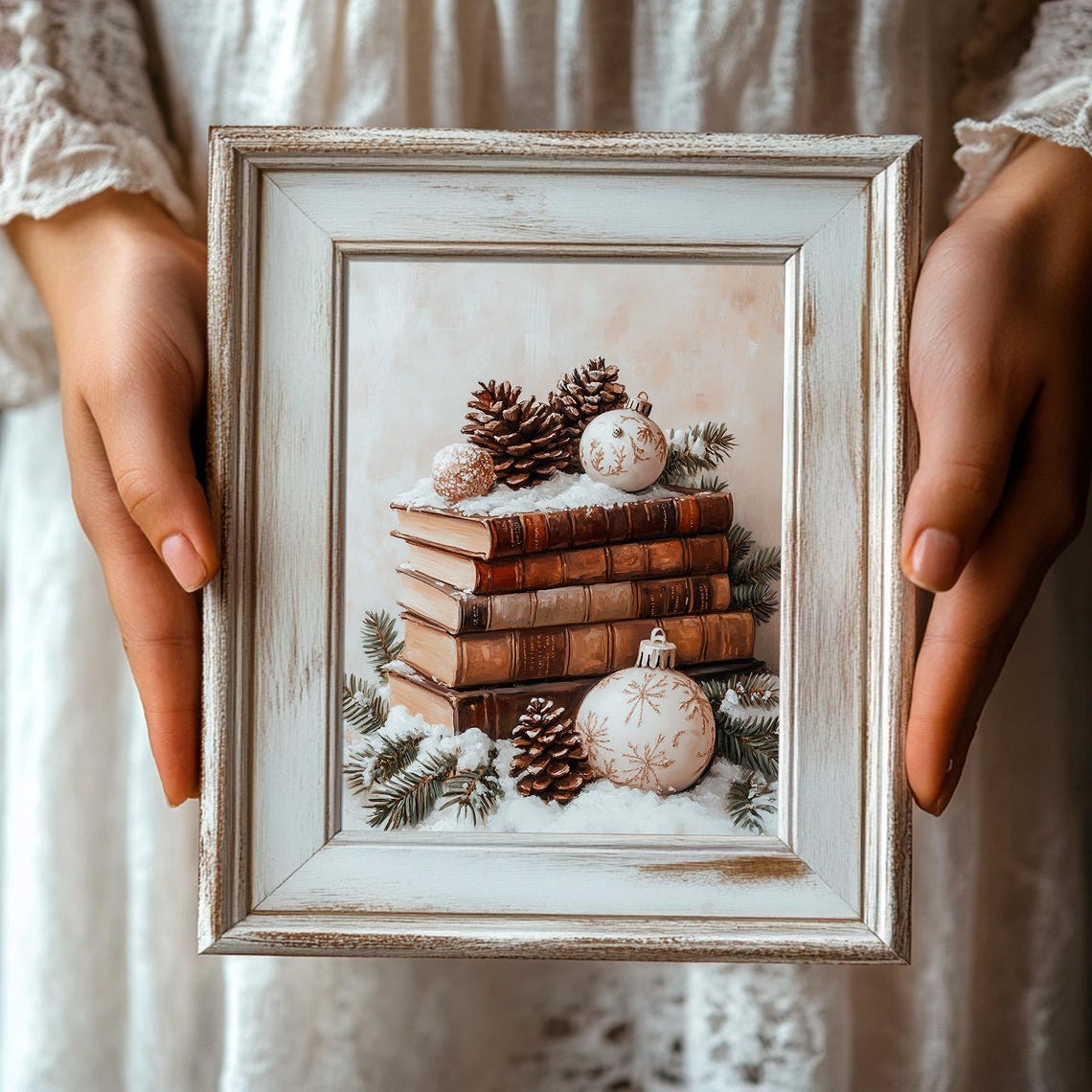 Stack of Vintage Books with Snow Pinecones and Ornaments Winter Poster - Image 3