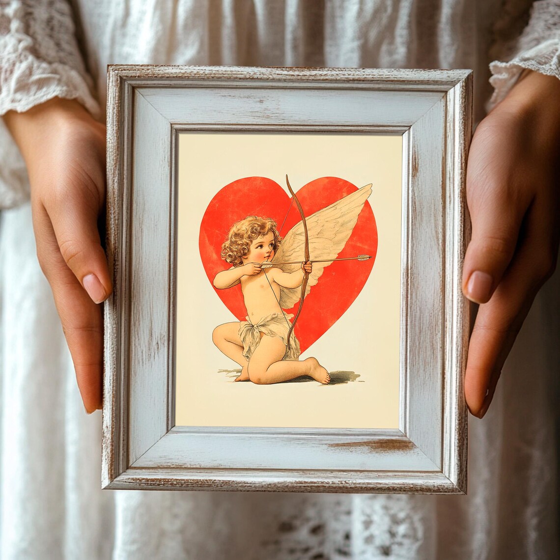 Sweet Vintage Cupid with Bow and Arrow Before a Big Red Heart Print - Image 3