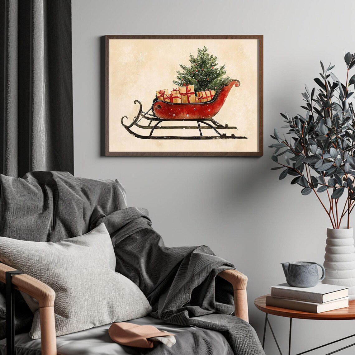 Vintage Red Christmas Sleigh with Gifts and Tree Holiday Print - Image 4