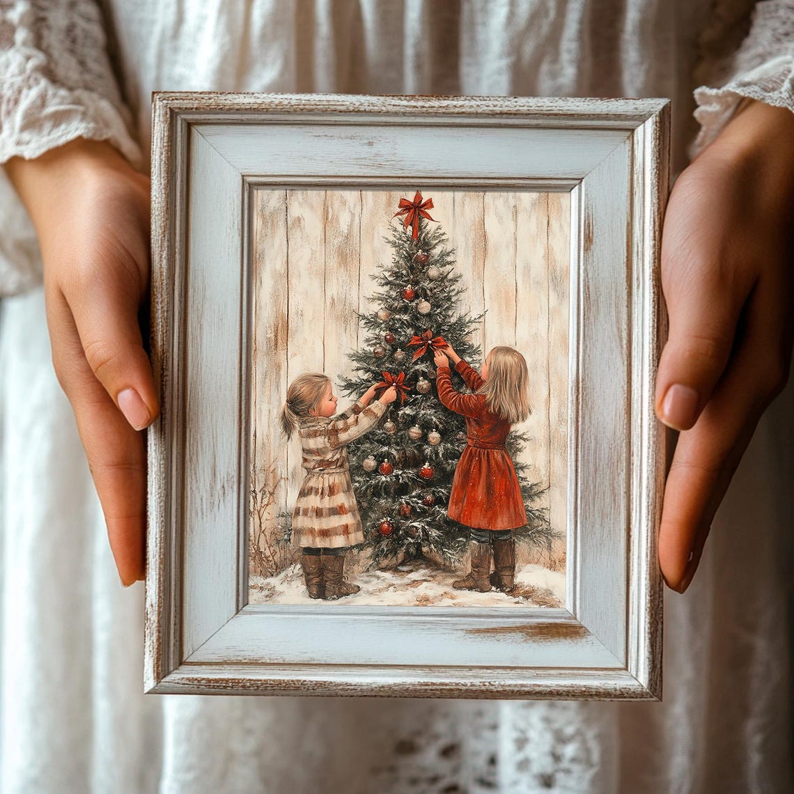 Two Girls Decorating a Christmas Tree with Red Bows Rustic Poster - Image 3