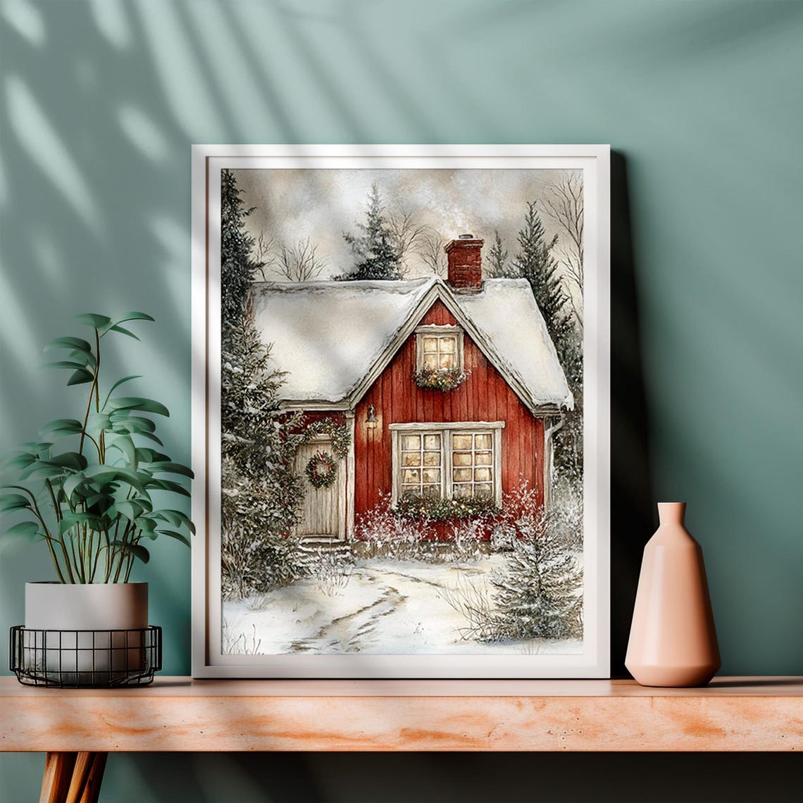 Red Cottage in Snow with a Wreath and Glowing Windows Winter Poster - Image 4