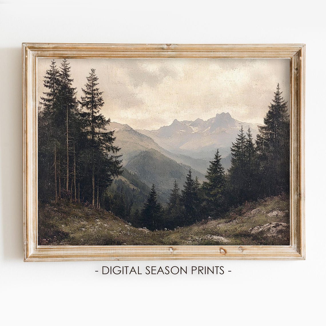Misty Vintage Mountain Valley Pine Forest Landscape Art Poster