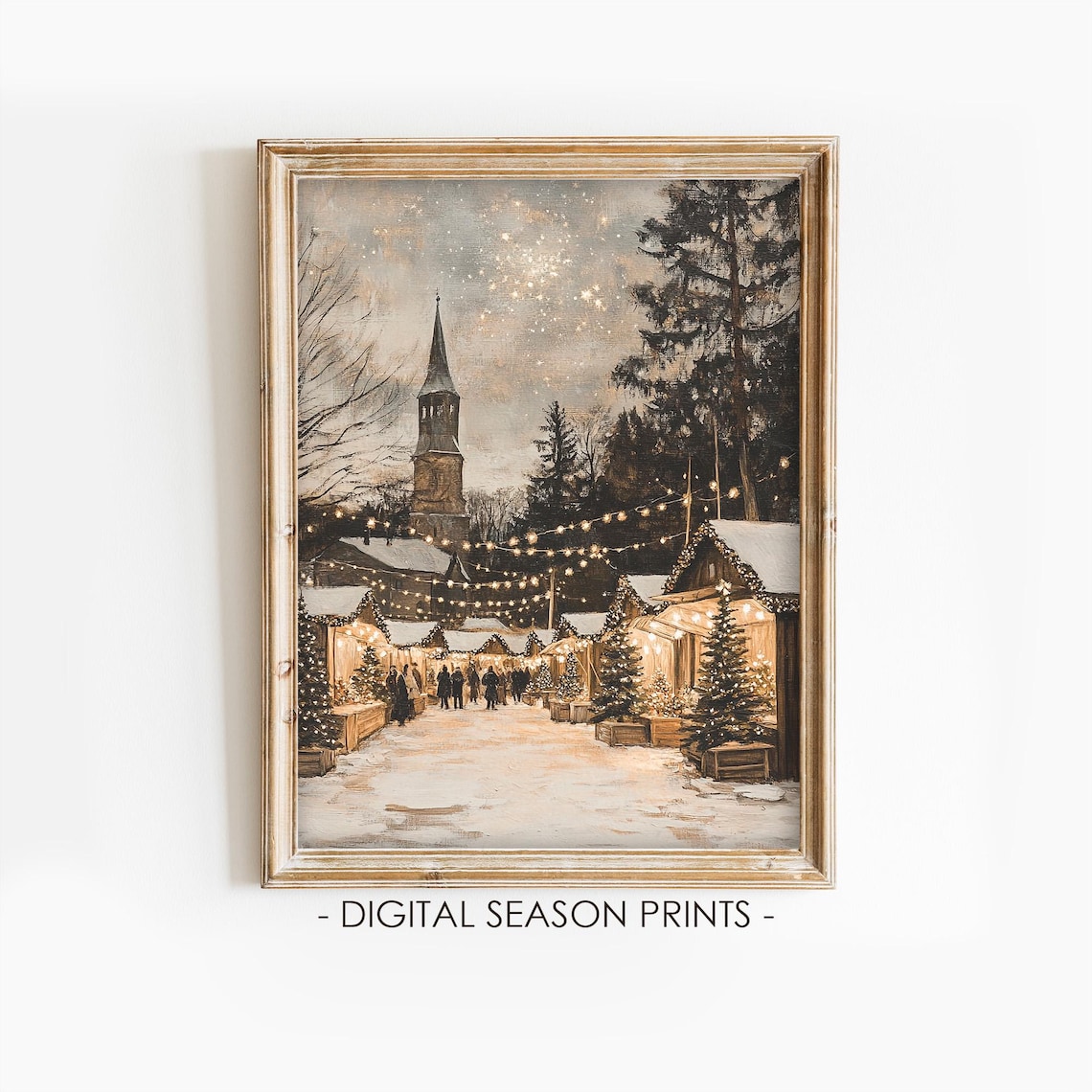 European Christmas Market Night Stalls Church Snow Holiday Poster