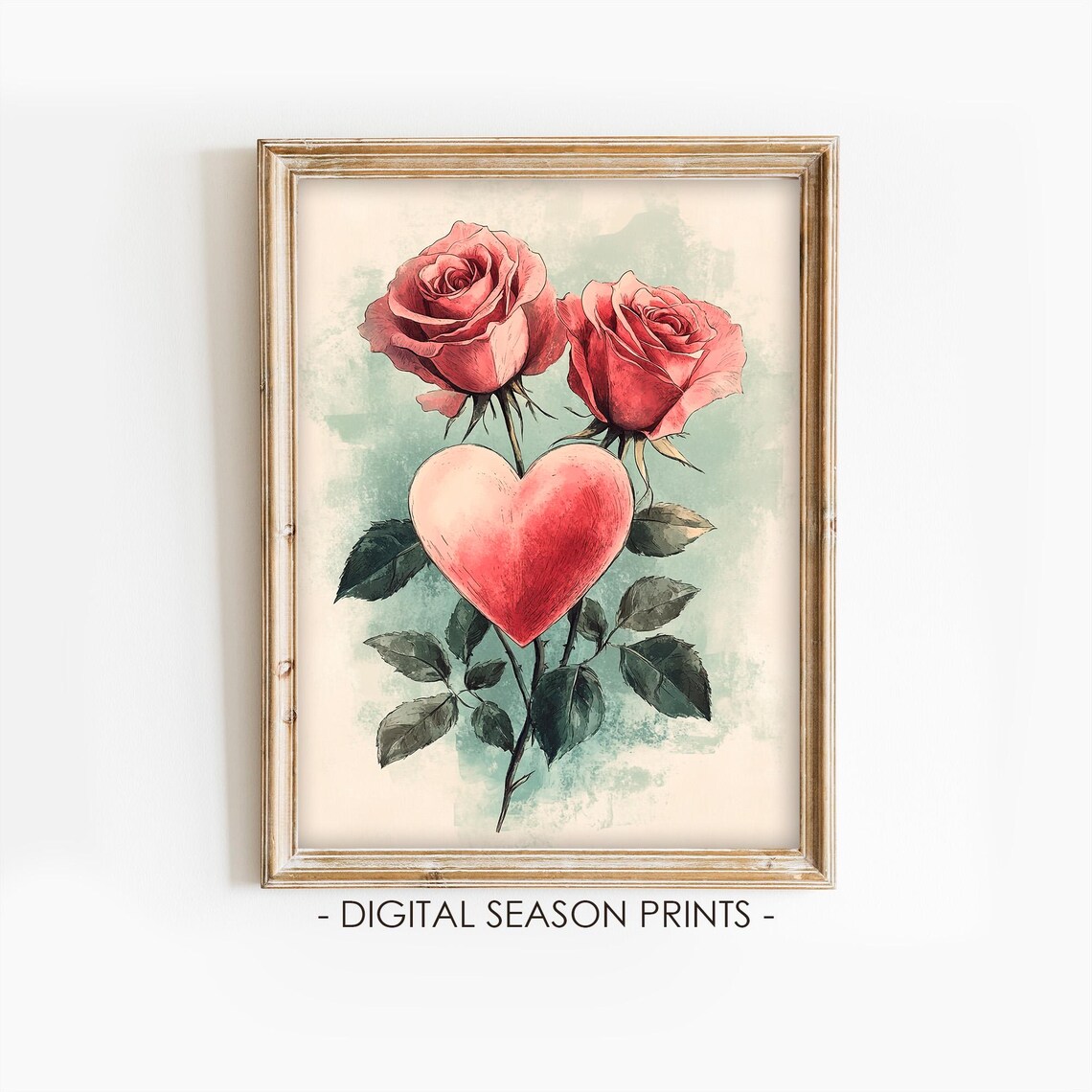 Pink Roses With Red Heart Watercolor Romantic Valentines Day Print