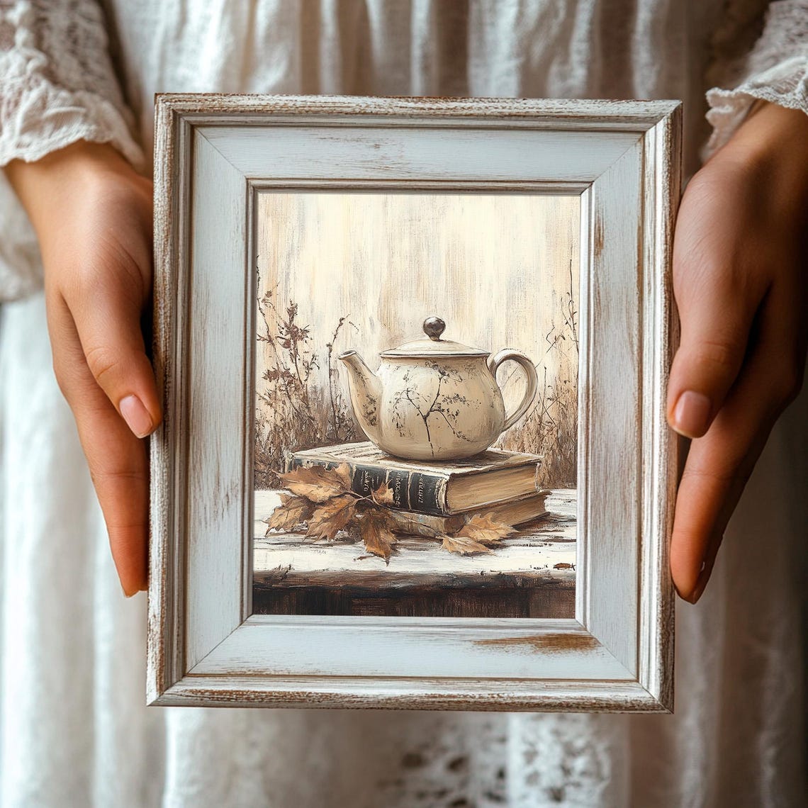 Rustic Teapot on Old Books with Dried Leaves Neutral Wall Art - Image 3