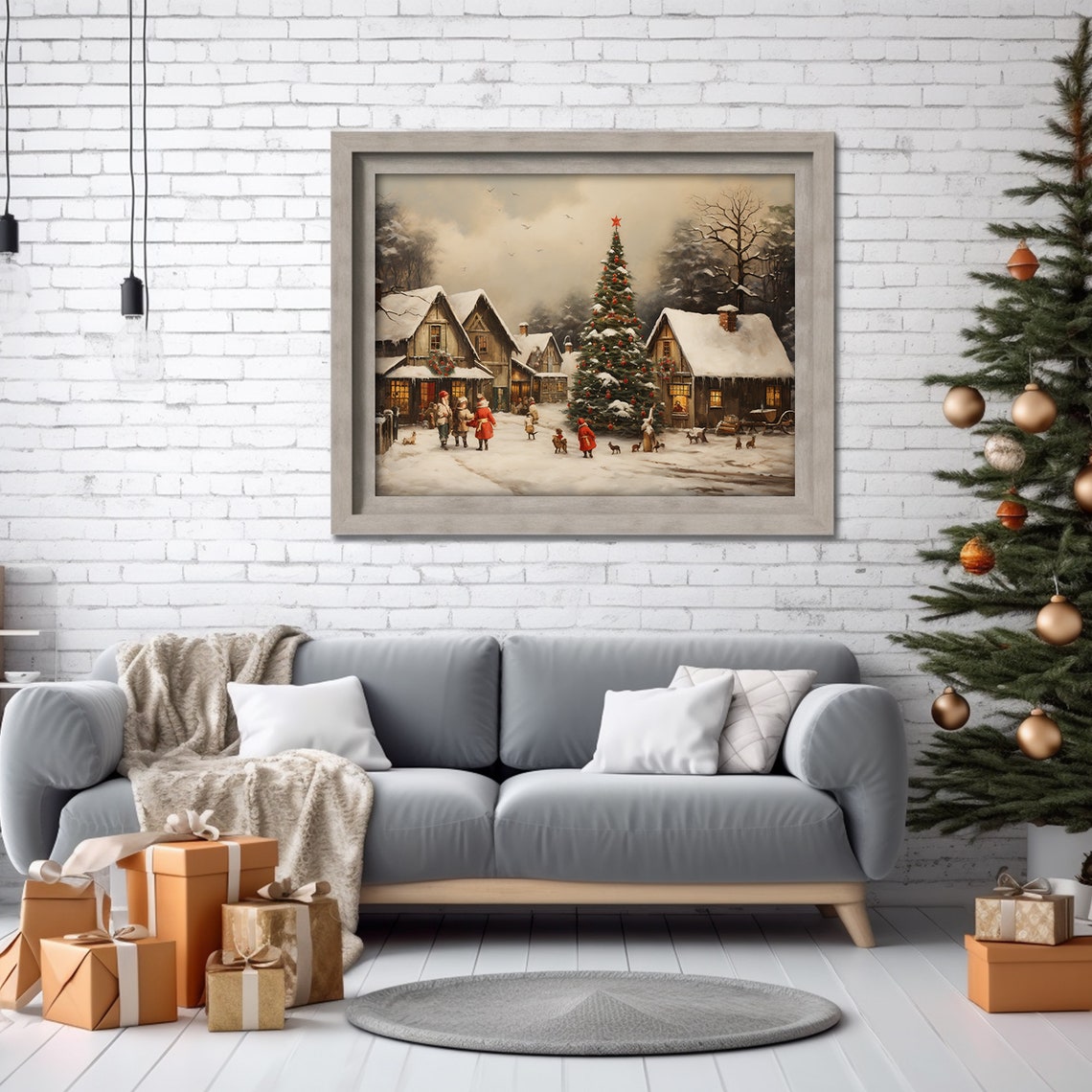 Snowy Christmas Village Square With A Tall Lit Tree Scene Poster - Image 3