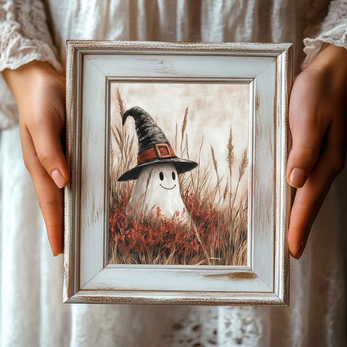 Smiling Ghost in a Tall Witch Hat Standing in Autumn Grass Poster - Image 3