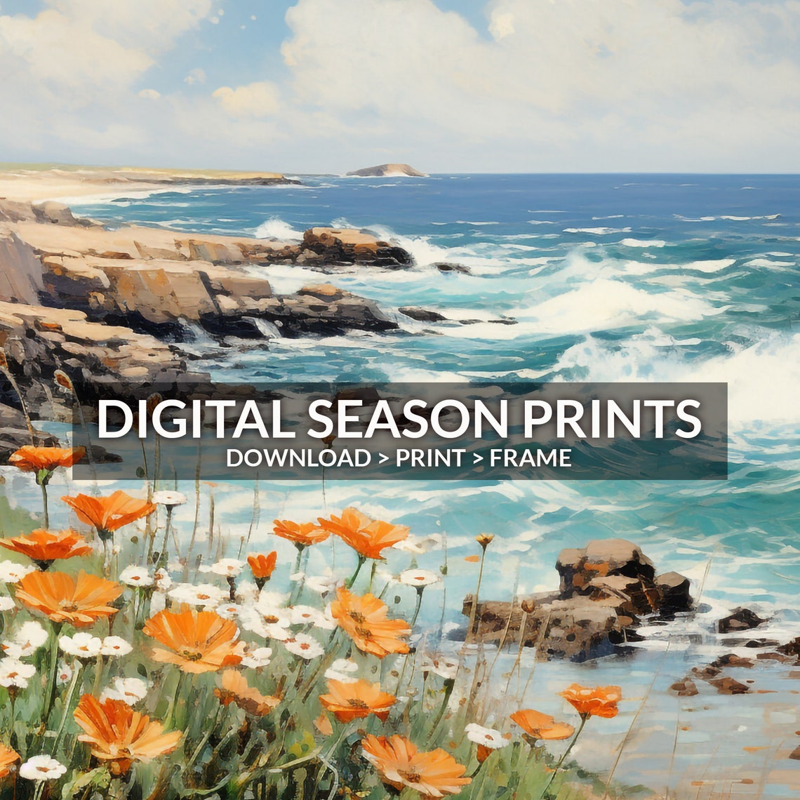 Rocky Ocean Coast with Orange Wildflowers Spring Painting Poster - Image 6