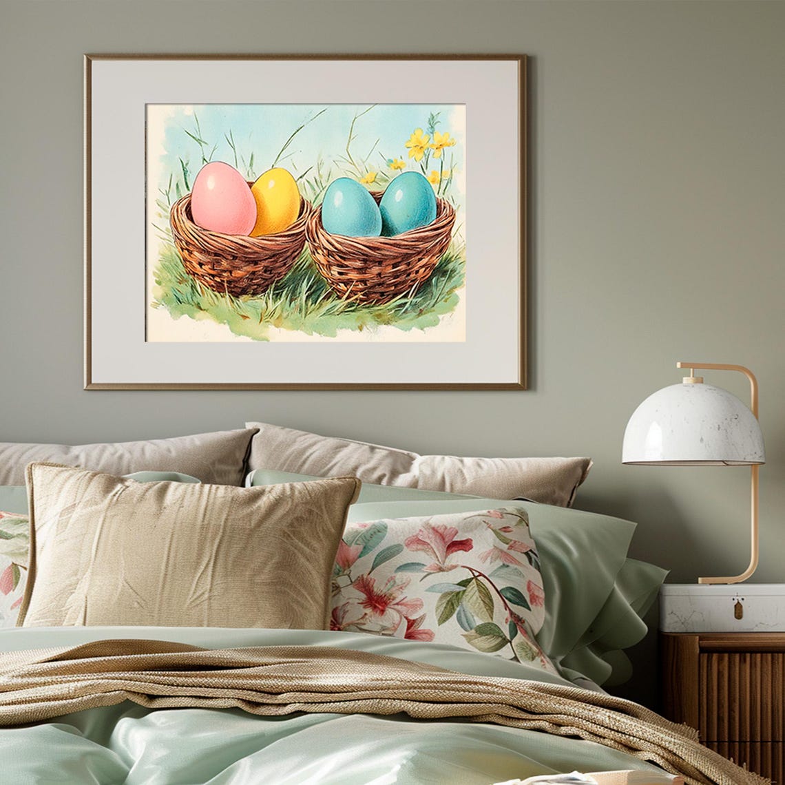 Colorful Easter Eggs In Wicker Baskets On Spring Grass Scene Poster - Image 3
