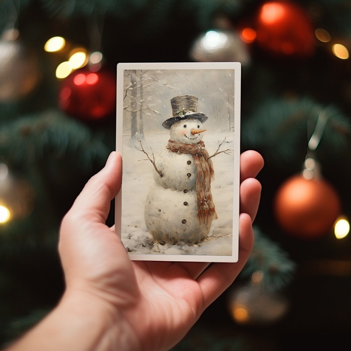 Cheerful Vintage Snowman in Top Hat and Scarf in Snowy Woods Print - Image 5