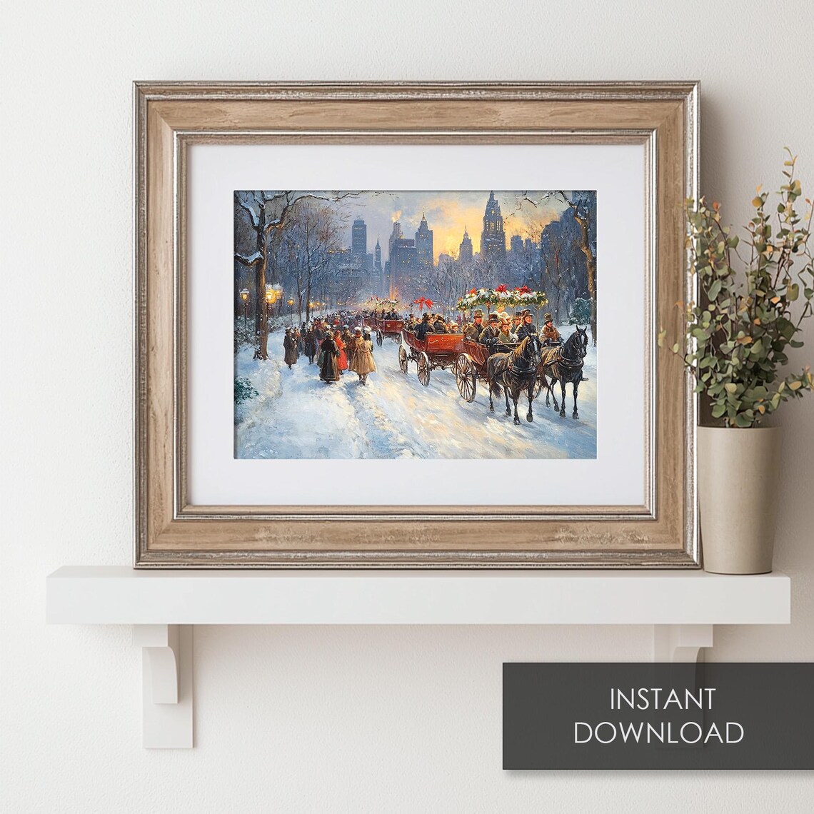 Horse Drawn Winter Carriages In Snow With Glowing City Skyline Poster - Image 6