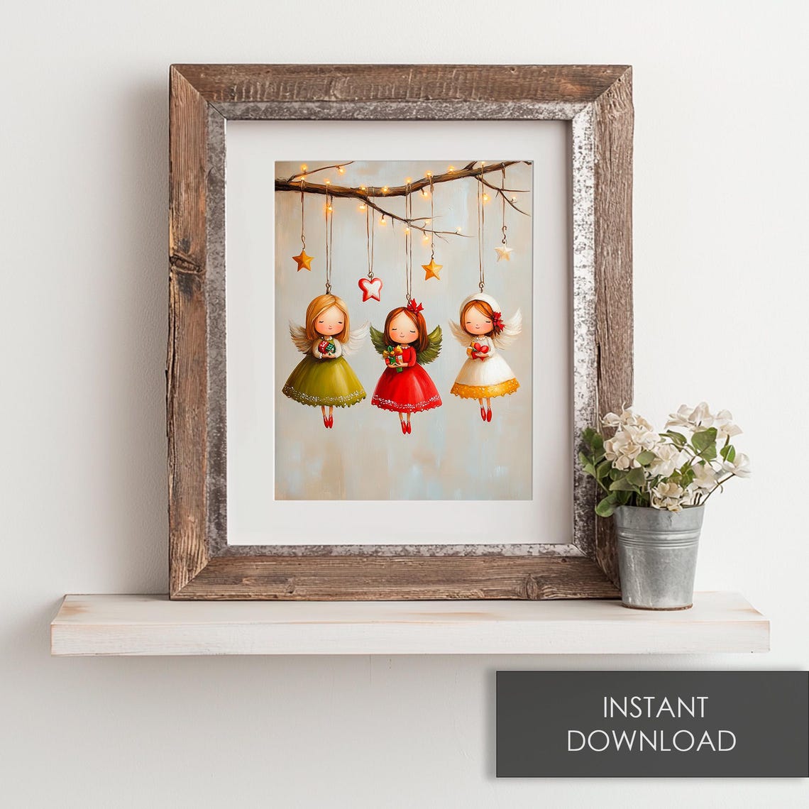 Whimsical Hanging Christmas Angel Ornaments Starry Branch Print - Image 6
