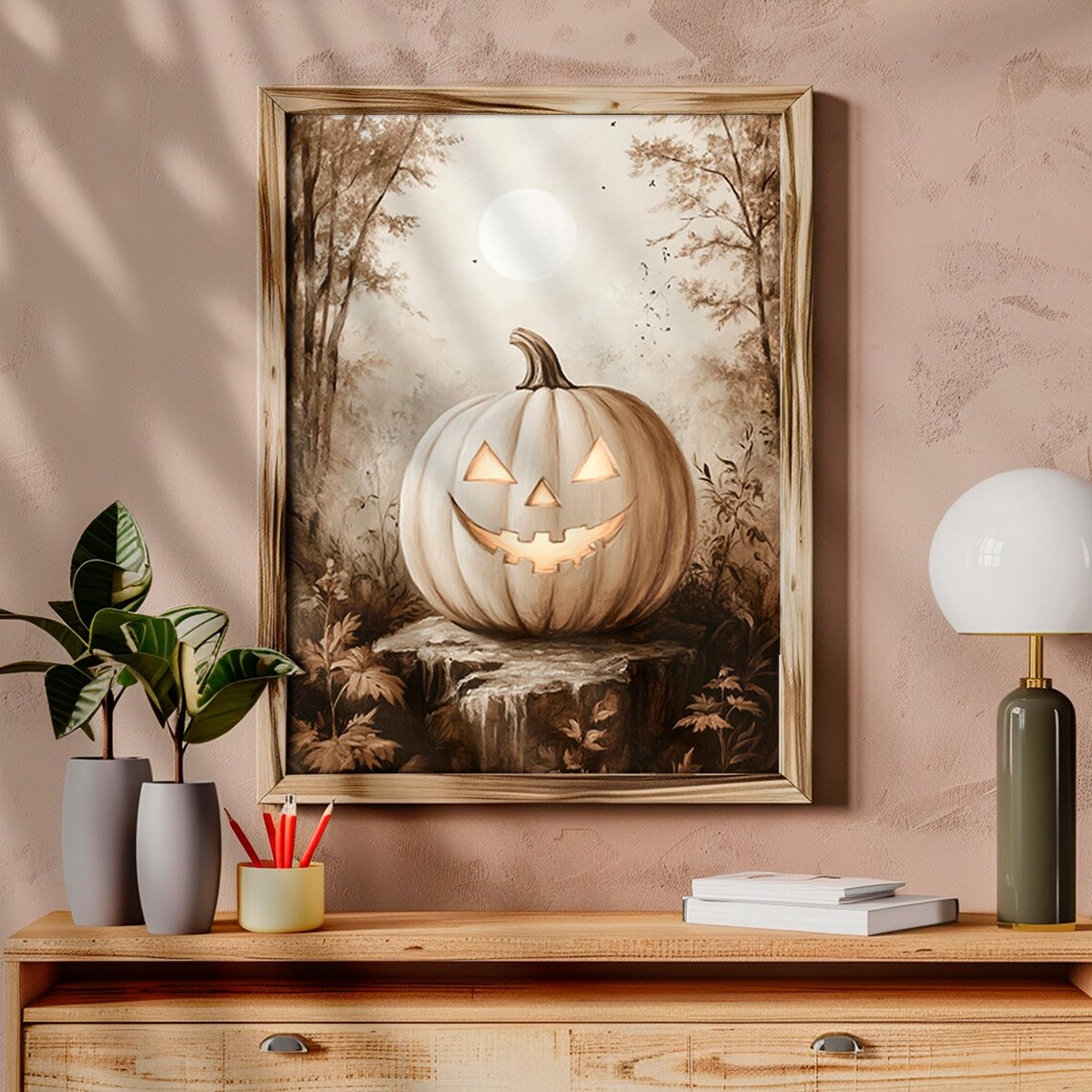 Glowing White Jack O Lantern Pumpkin Moonlit Sepia Forest Halloween Poster - Image 6