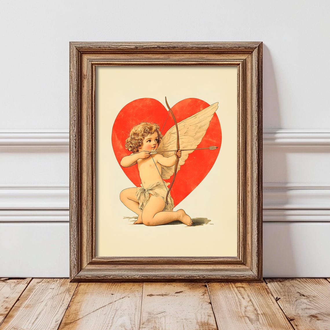 Sweet Vintage Cupid with Bow and Arrow Before a Big Red Heart Print