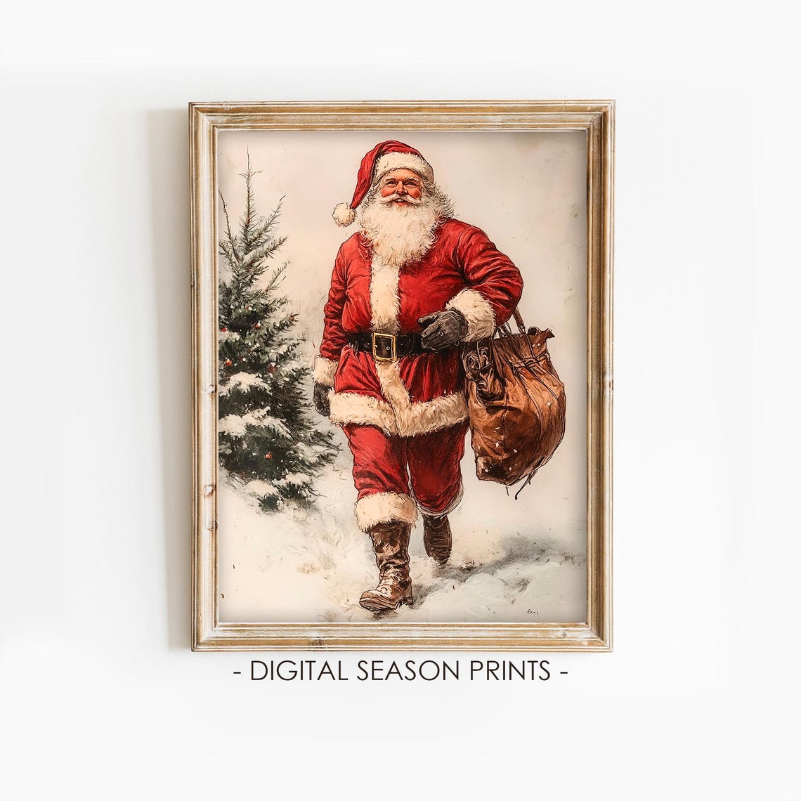Retro Santa Claus Walking in Snow with Toy Sack Vintage Poster