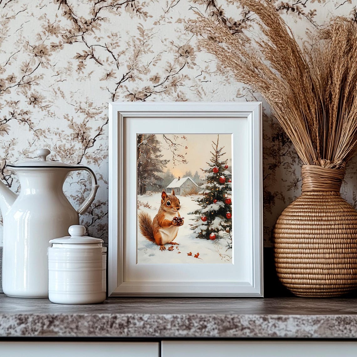 Vintage Christmas Squirrel Holding Pinecone Snowy Forest Scene Poster - Image 4