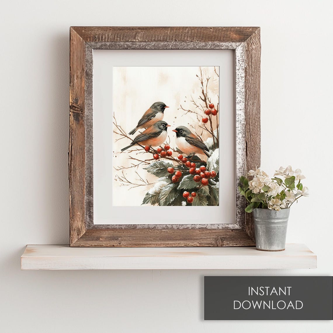 Three Songbirds Berry Branch Vintage Winter Botanical Bird Poster - Image 6