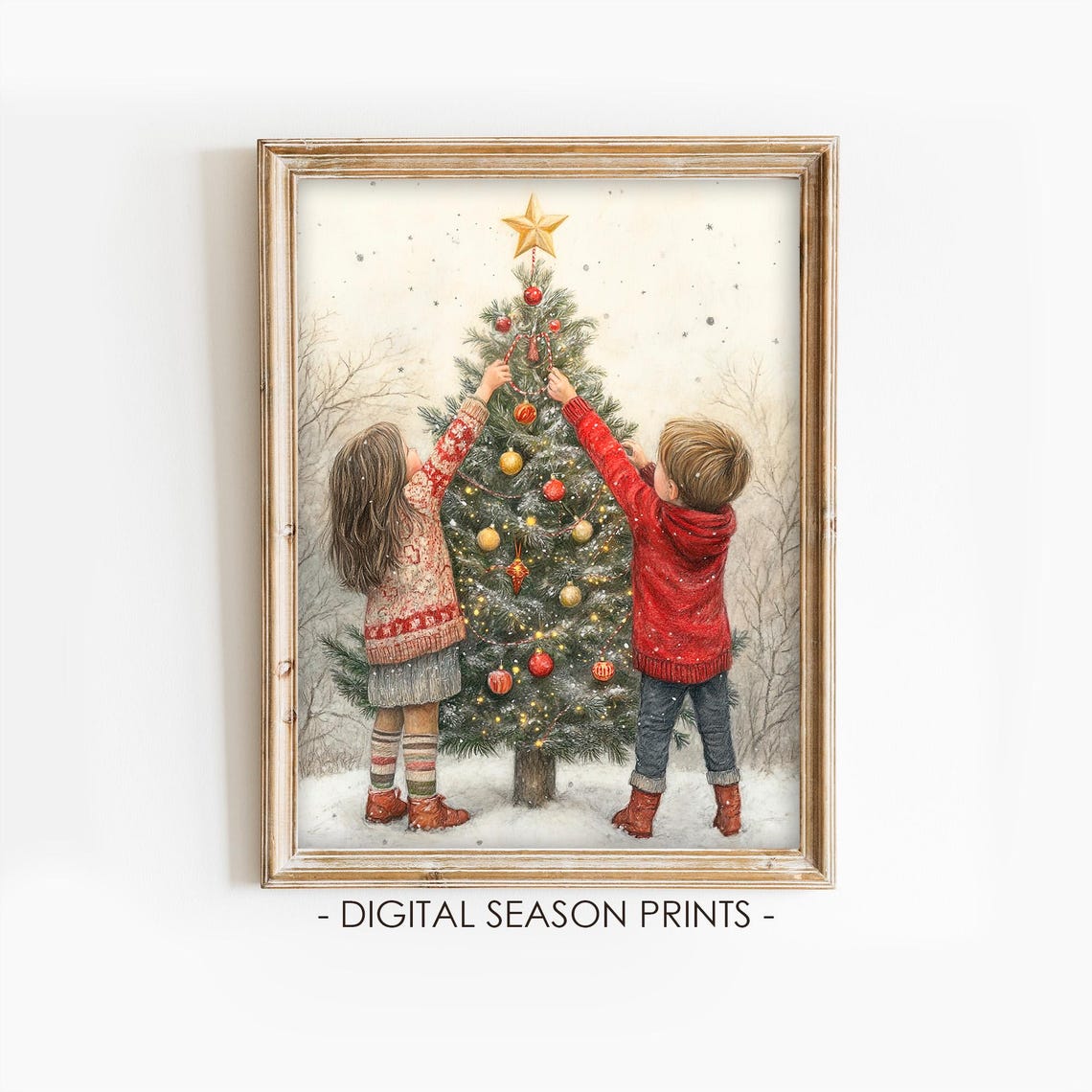 Two Kids Decorating a Christmas Tree in Falling Snow Vintage Poster