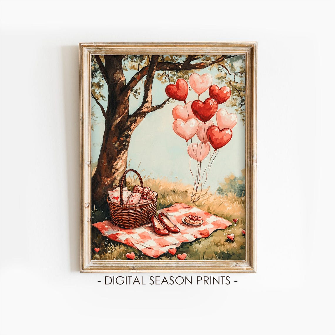Heart Balloons And Picnic Basket Romantic Valentines Picnic Print