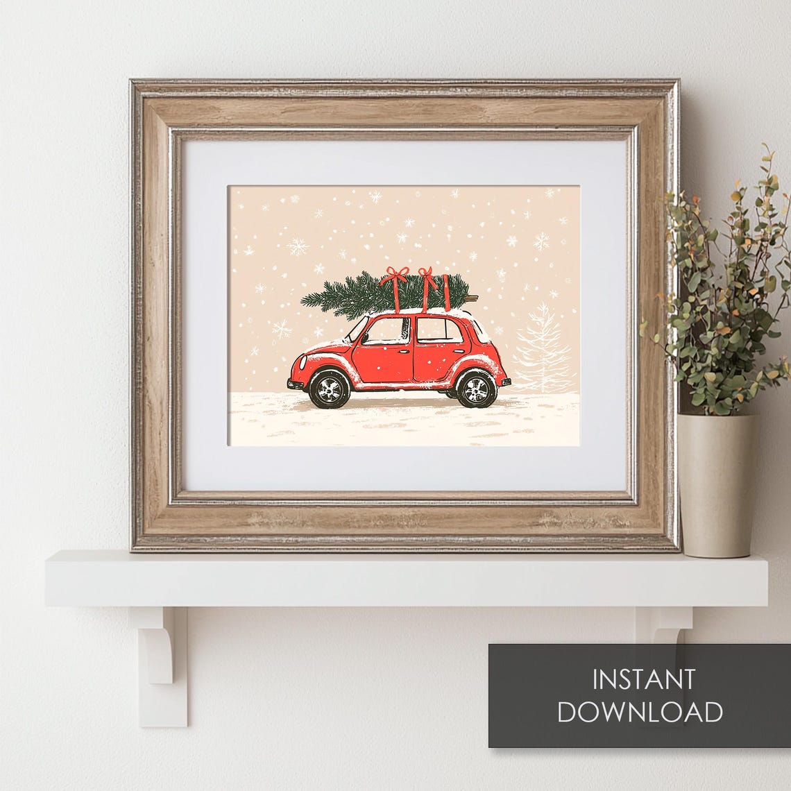 Christmas Tree On Red Car Print Vintage Christmas Decor Cute Christmas Wall Art - Image 6