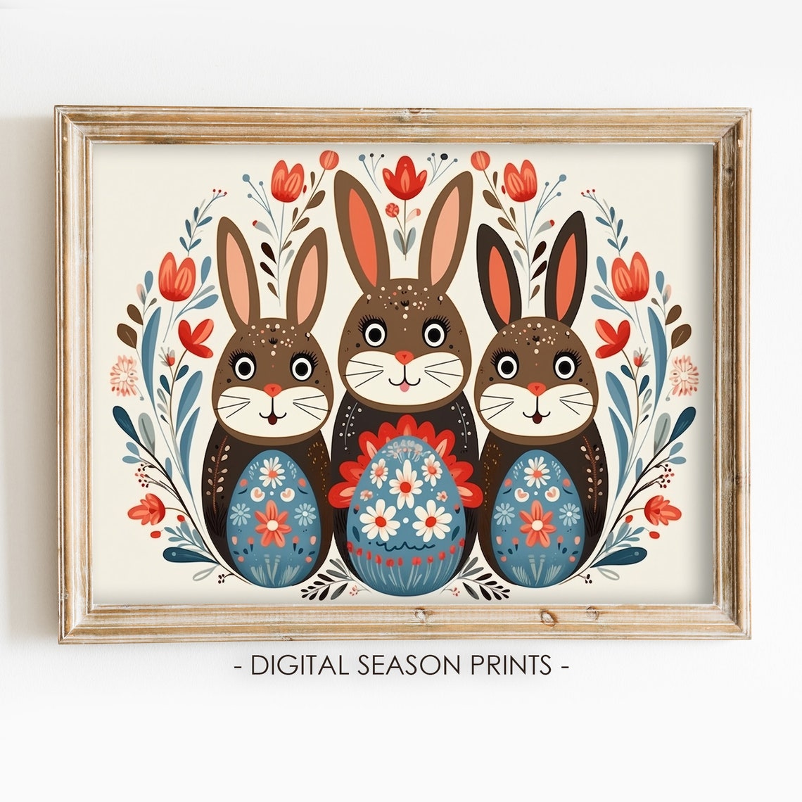 Scandinavian Folk Art Bunny Rabbits Floral Easter Animals Poster