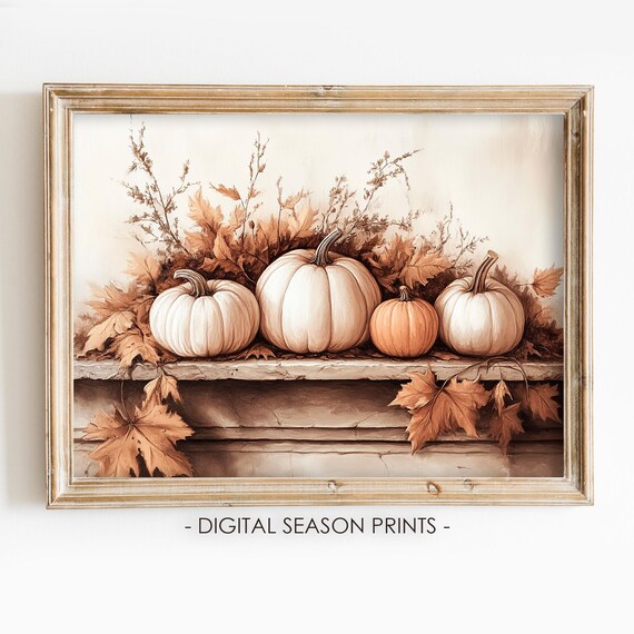 White Pumpkin Patch Fall Mantel Display Autumn Leaves Rustic Decor Poster