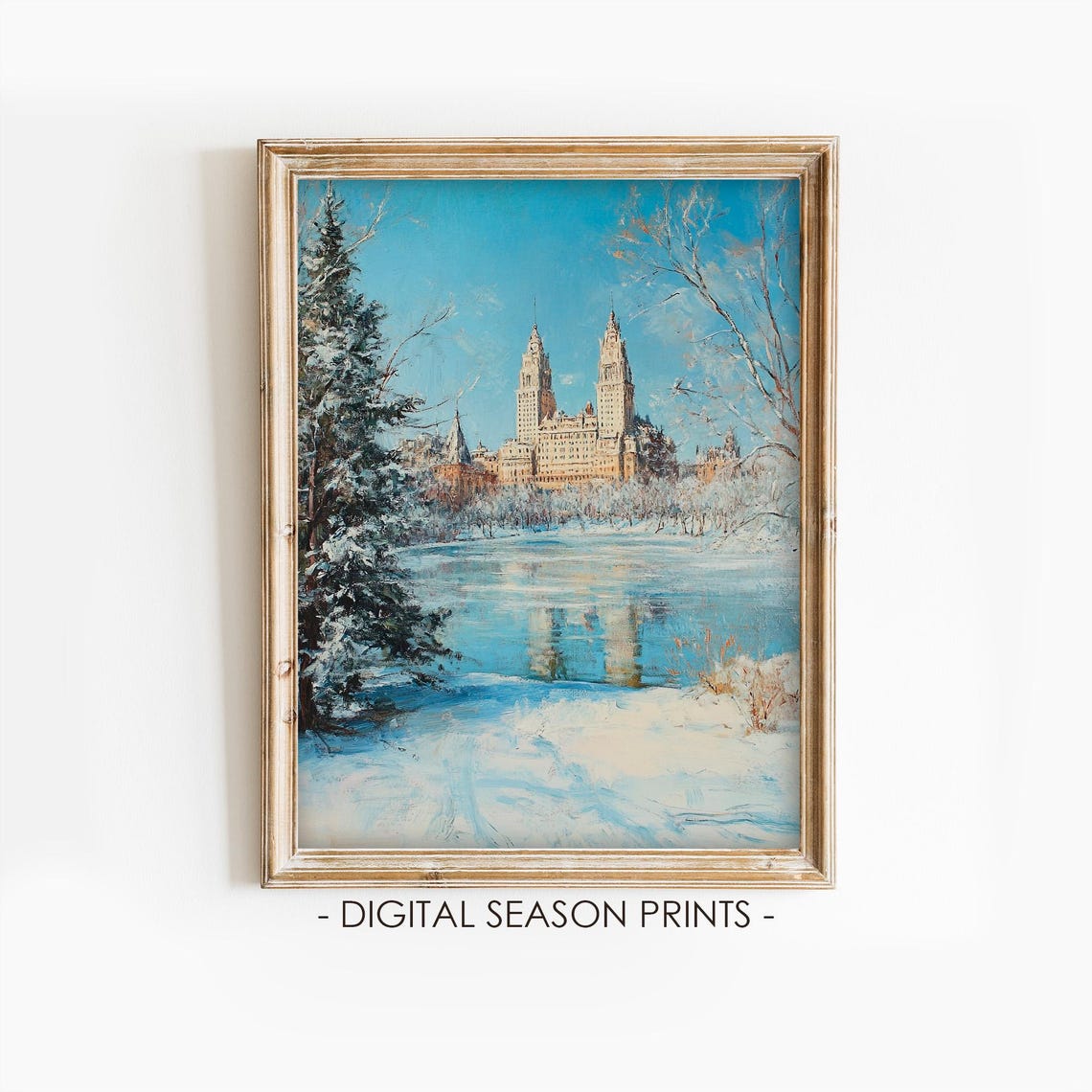 Frozen Lake Grand Twin Tower Building Winter City Skyline Poster