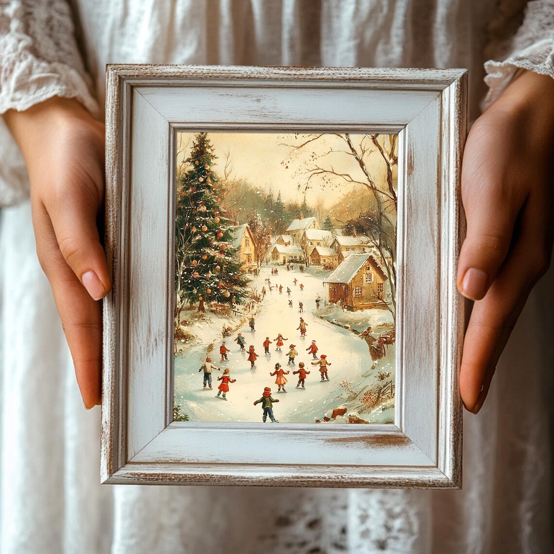 Village Pond Ice Skaters Christmas Tree Winter Holiday Poster - Image 3