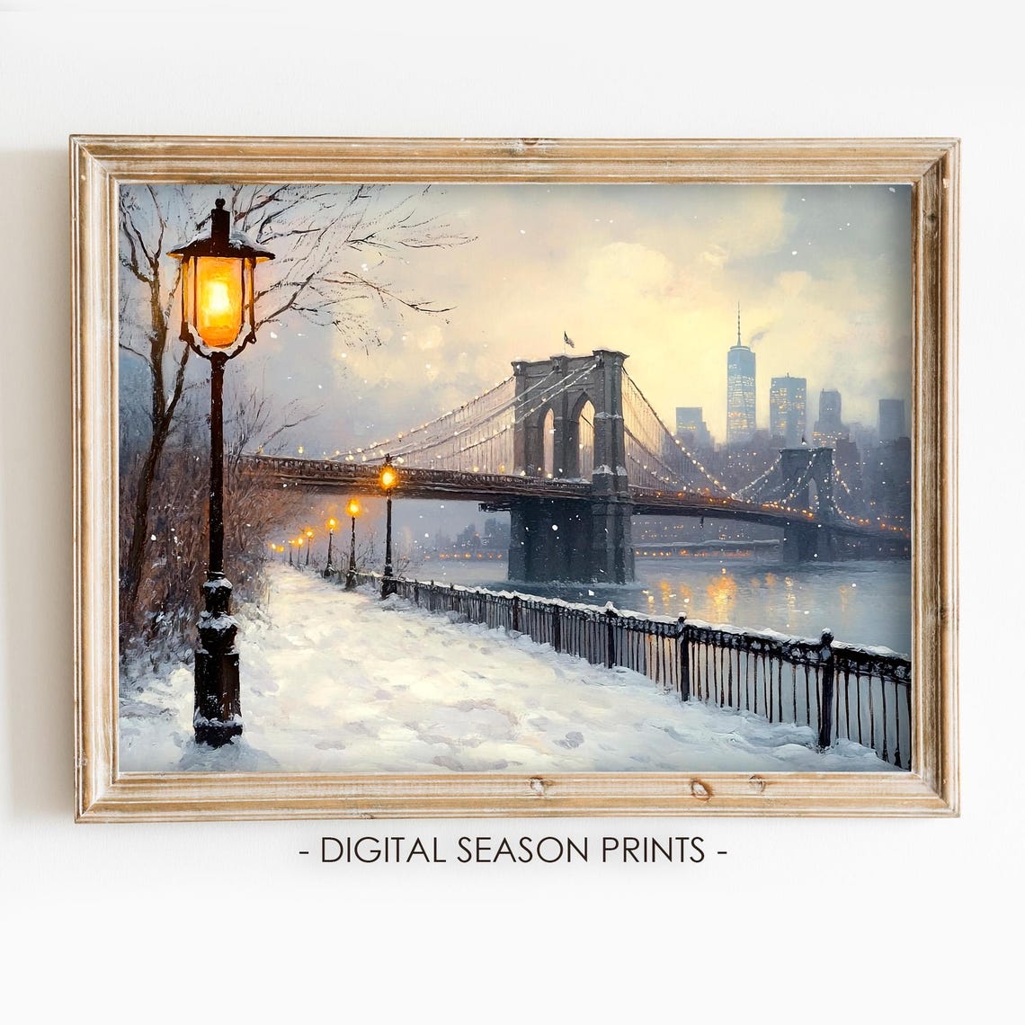 Brooklyn Bridge Dusk Lampposts Snowy Promenade Evening Poster