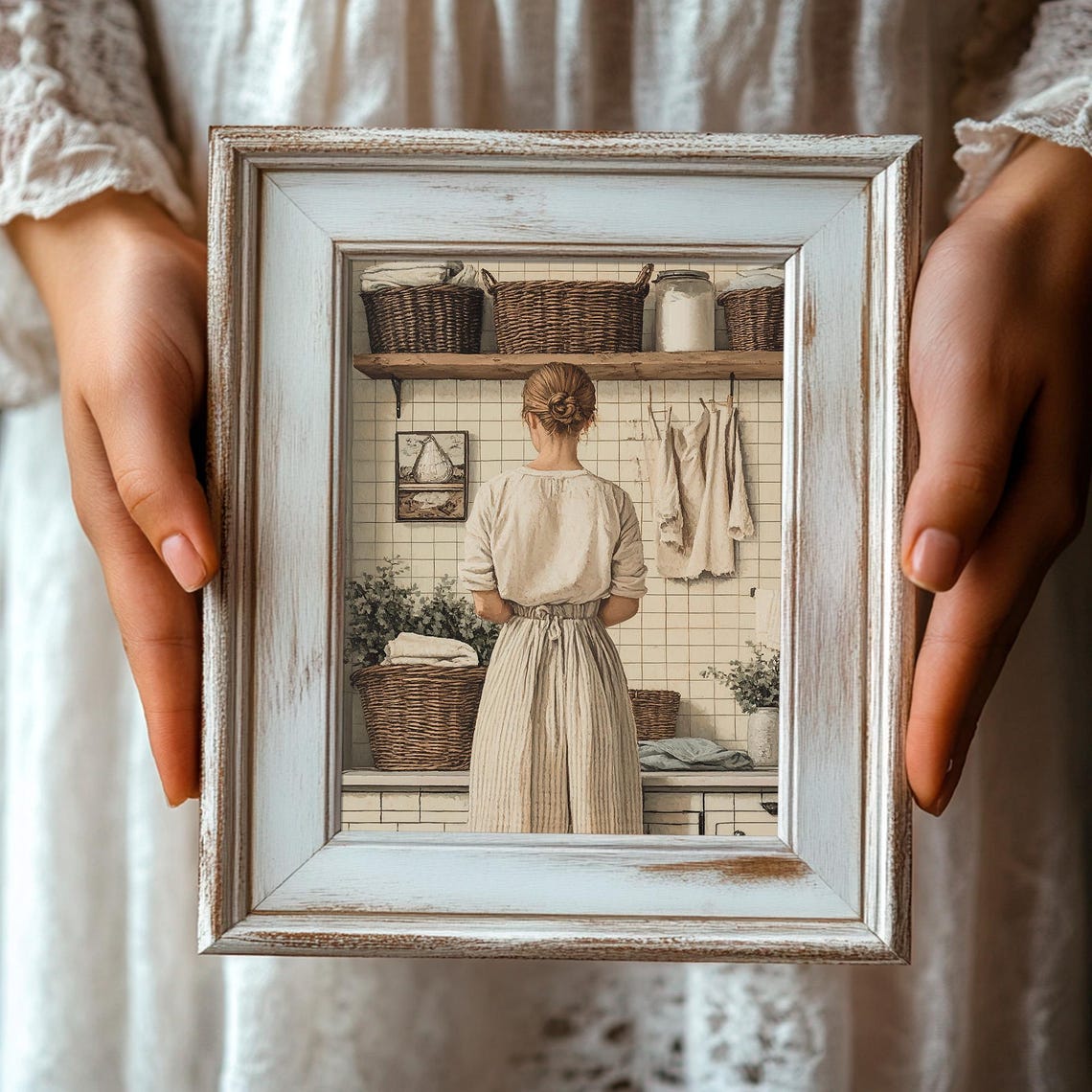 Woman in Vintage Laundry Room Baskets White Tile Back View Poster - Image 3
