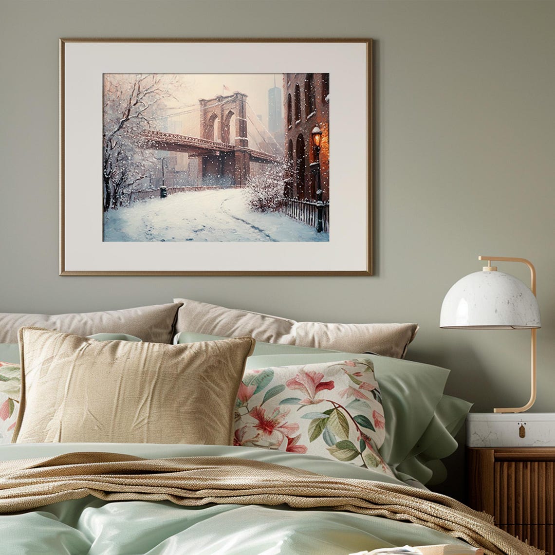Brooklyn Bridge Snowy Street Lamppost Vintage Winter City Poster - Image 3