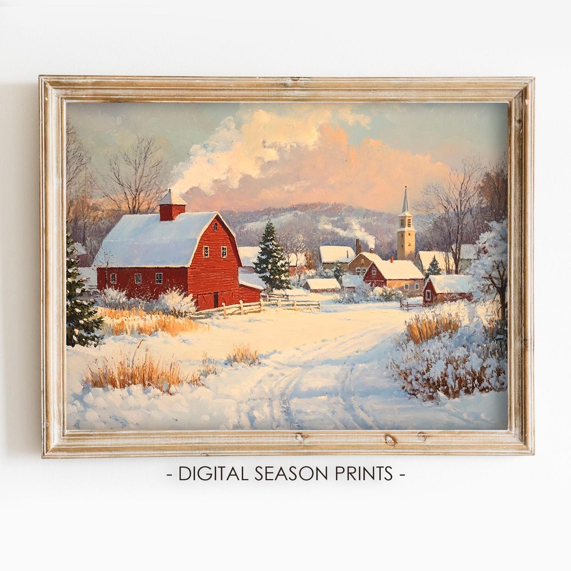 Red Barn Snowy Village Sunrise Winter Farm Countryside Poster