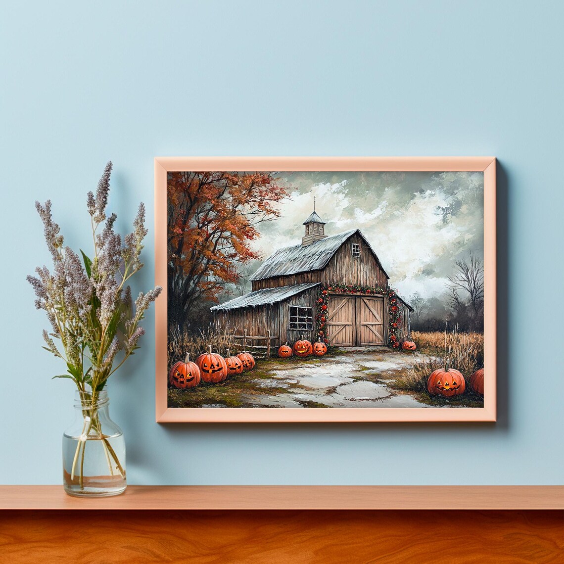 Halloween Barn Jack O Lantern Pumpkins Berry Garland Autumn Night Poster - Image 4