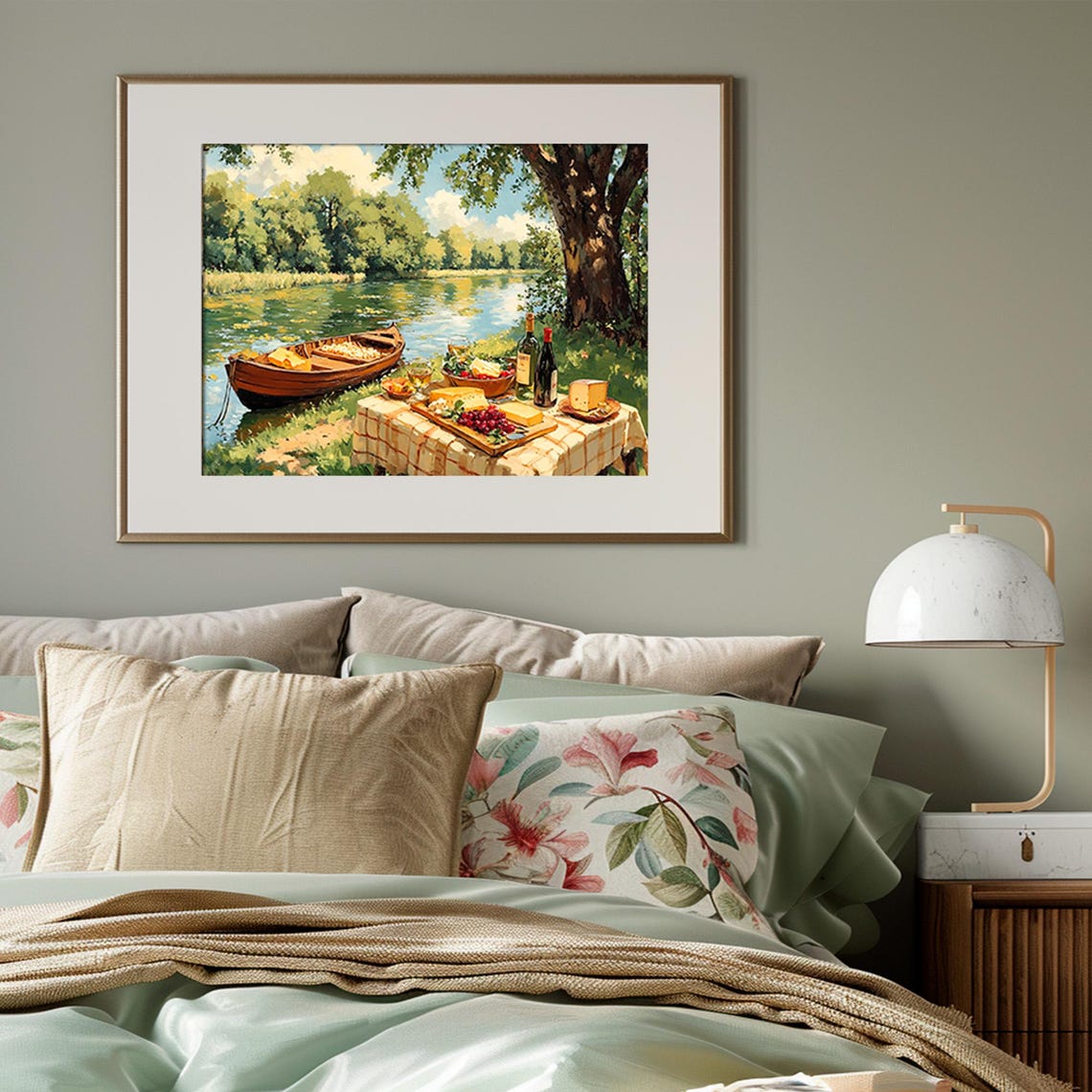 Riverside Picnic Wine Cheese And Grapes Romantic Summer Scene Print - Image 3