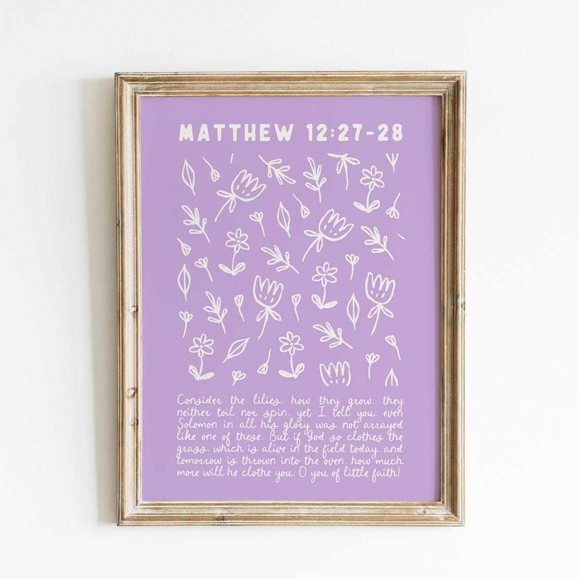 Matthew 12:27-28 Consider The Lilies Purple Floral Scripture Poster