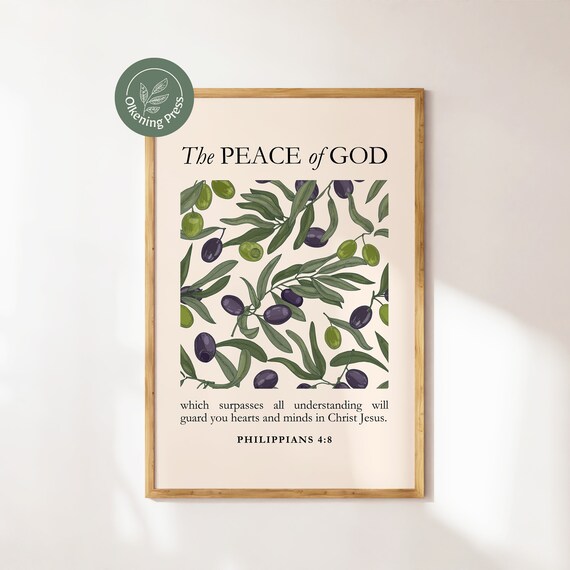 The Peace of God Philippians 4:8 Olive Branch Pattern Botanical Verse Poster