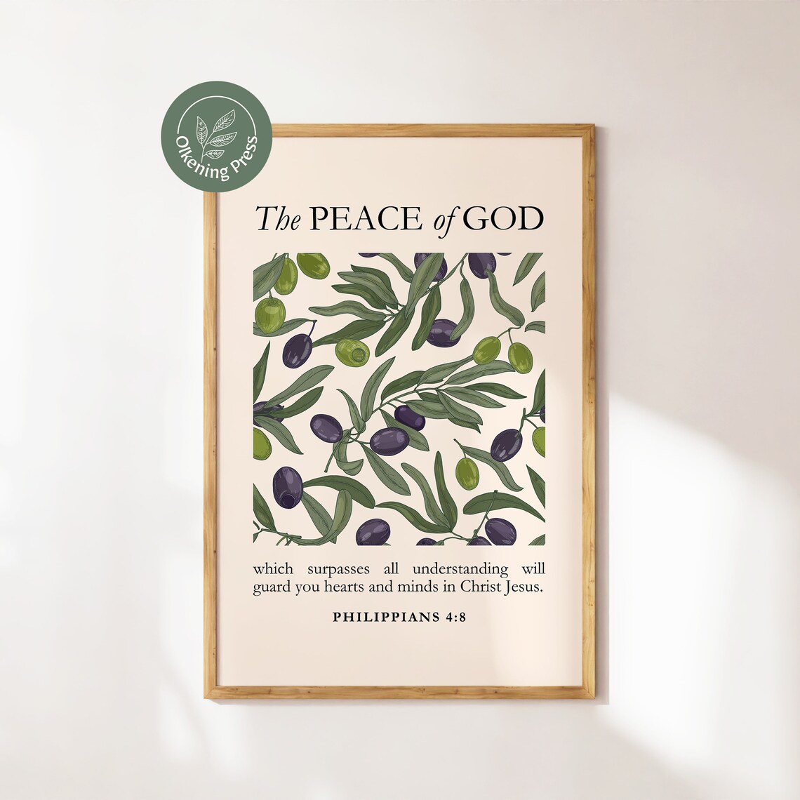 The Peace of God Philippians 4:8 Olive Branch Pattern Botanical Verse Poster