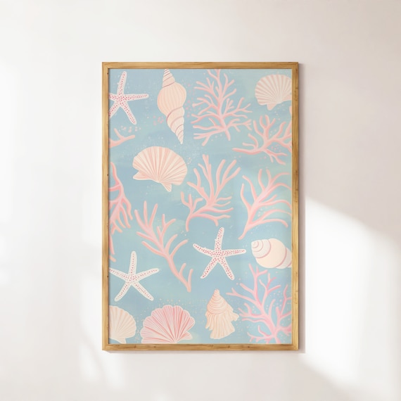 Pastel Seashell Coral Starfish Coastal Pattern Beach Decor Poster